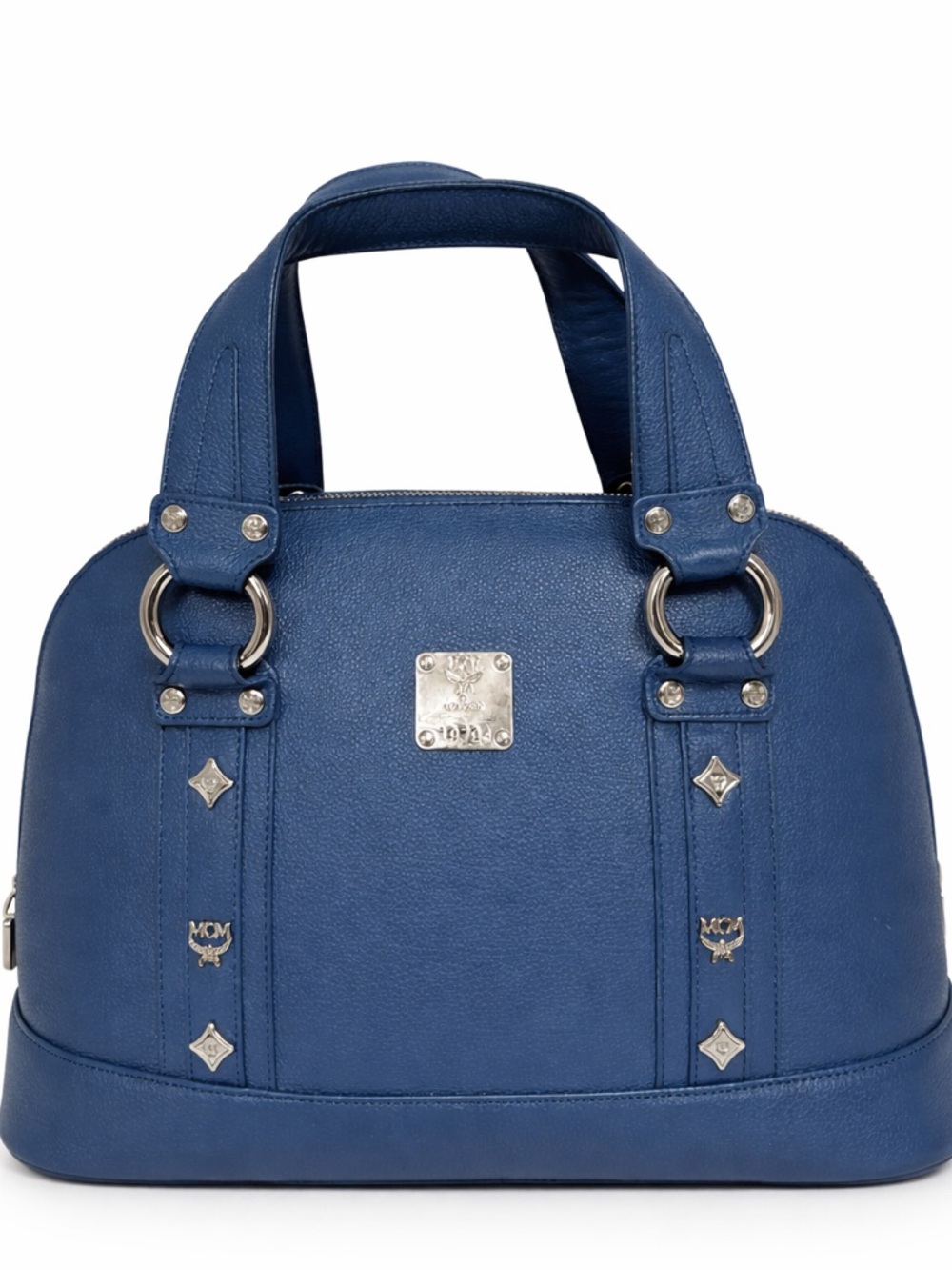 MCM Blue Leather Satchel Bag Gold Hardware Structured Top Handle Purse Dome Bag